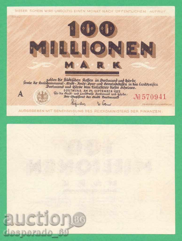 (¯`'•.¸GERMANIA (Dortmund) 100 de milioane de mărci 1923 UNC.•'´¯)