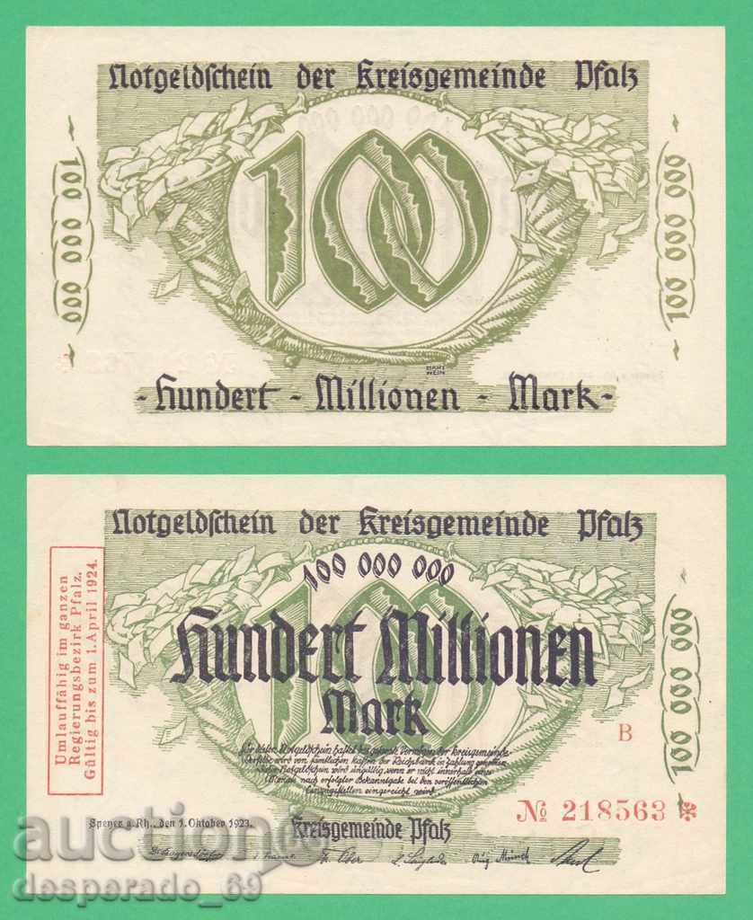 (¯`'•.¸GERMANIA (Pfalz) 100 de milioane de mărci 1923 UNC¸.•'´¯)