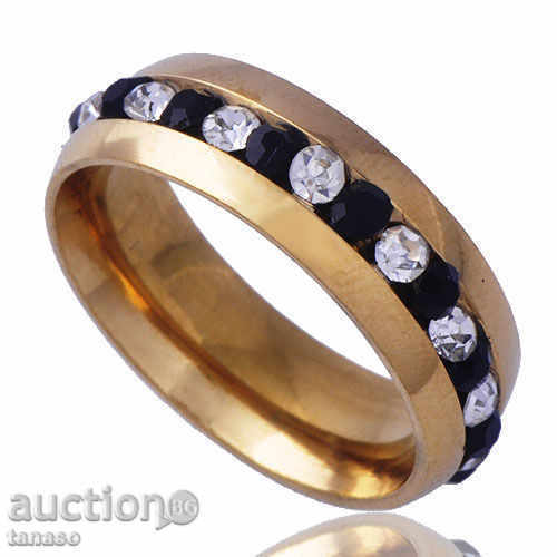 Позлатен пръстен (халка) с черни и бели кристали