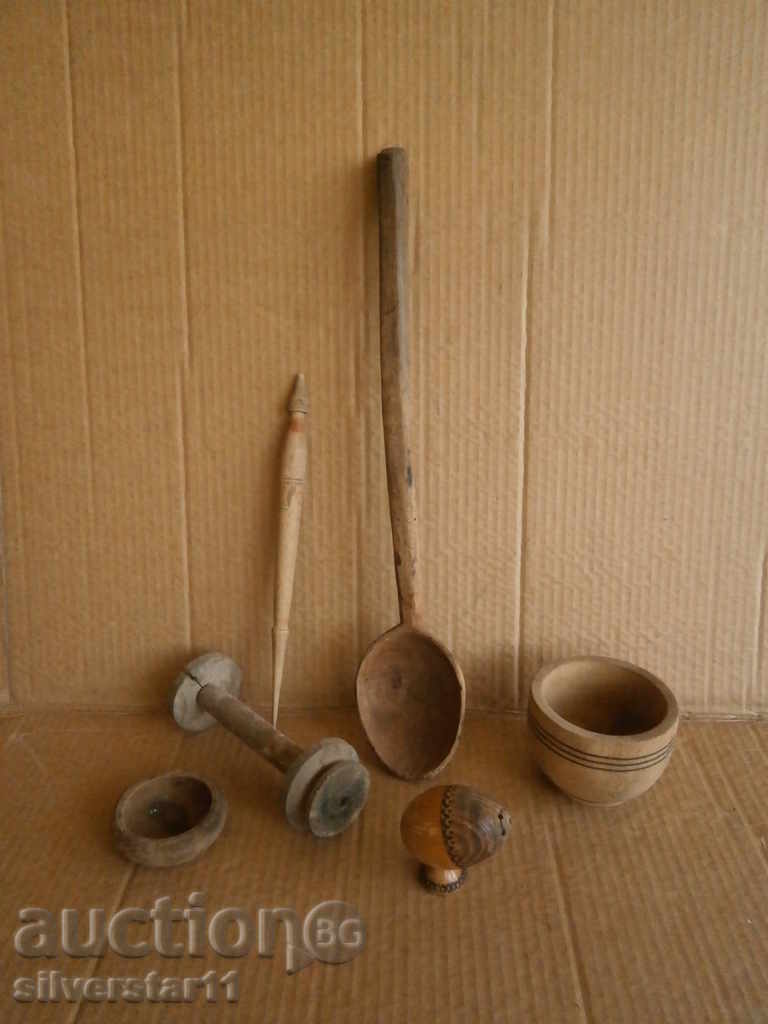 lot of primitive wooden spoon spindle salt shaker, etc.