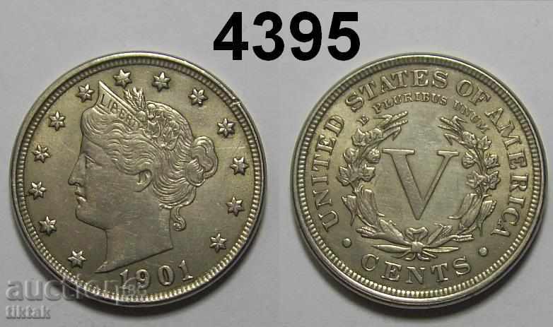 US 5 cent 1901 excellent rare coin