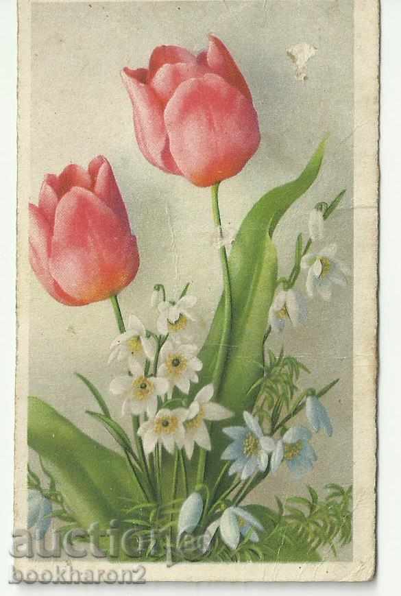 Стара картичка, малък формат, цветя