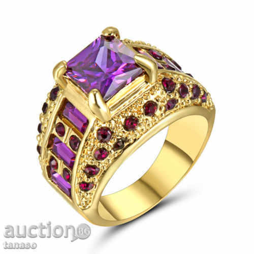 Пръстен №57 с виолетов аметист - Позлатен