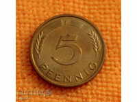 1999 г- 5 пфенинга, F, Германия, позлатена, рядка, ТОП ЦЕНА