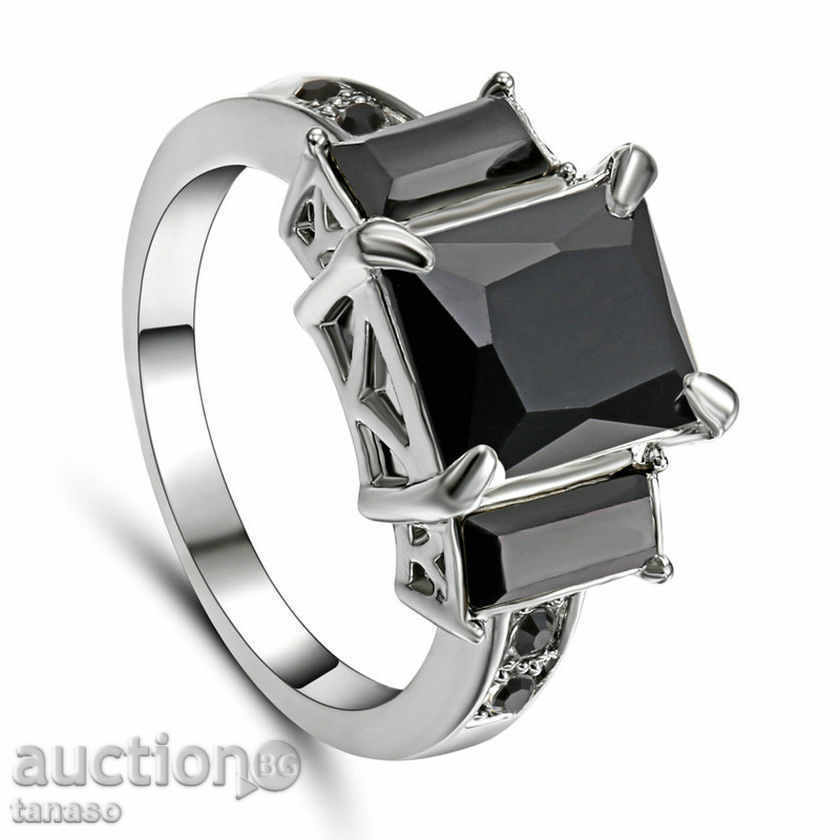 Silver ring with black sapphire and white rosy cover №59