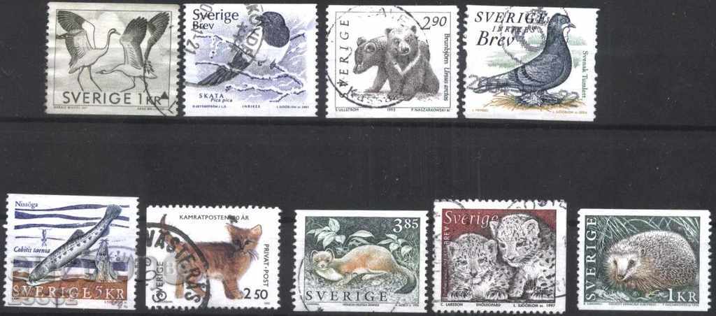9 Клеймовани марки Фауна Животни Птици  МИКС от Швеция