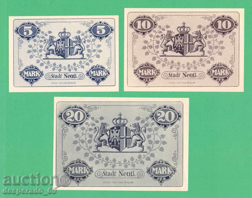 (GERMANY (Neuss) 5 + 10 + 20 marks 1918 UNC • • • •) with price 25.00 BGN | € 12.78