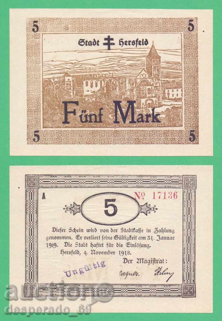 (¯`'•.¸ГЕРМАНИЯ (Hersfeld) 5 марки 1918 UNC¸.•'´¯)