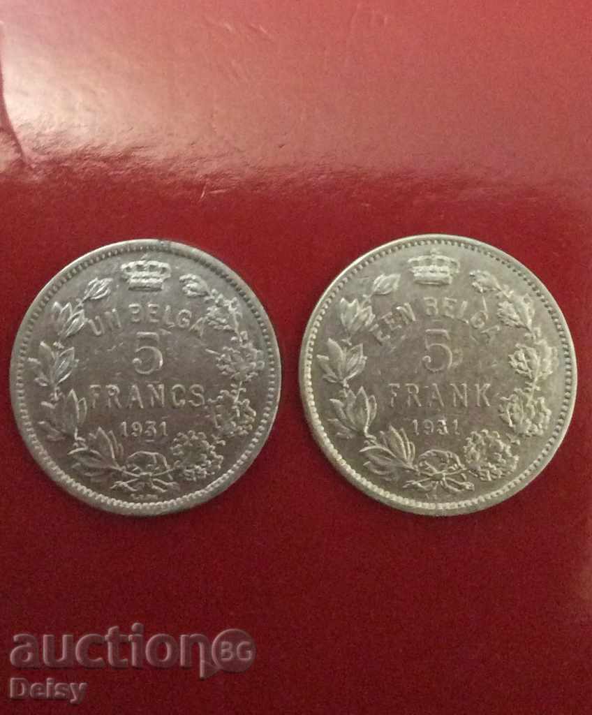 Belgia 2 x 5 franci 1931. (Ambele versiuni!)