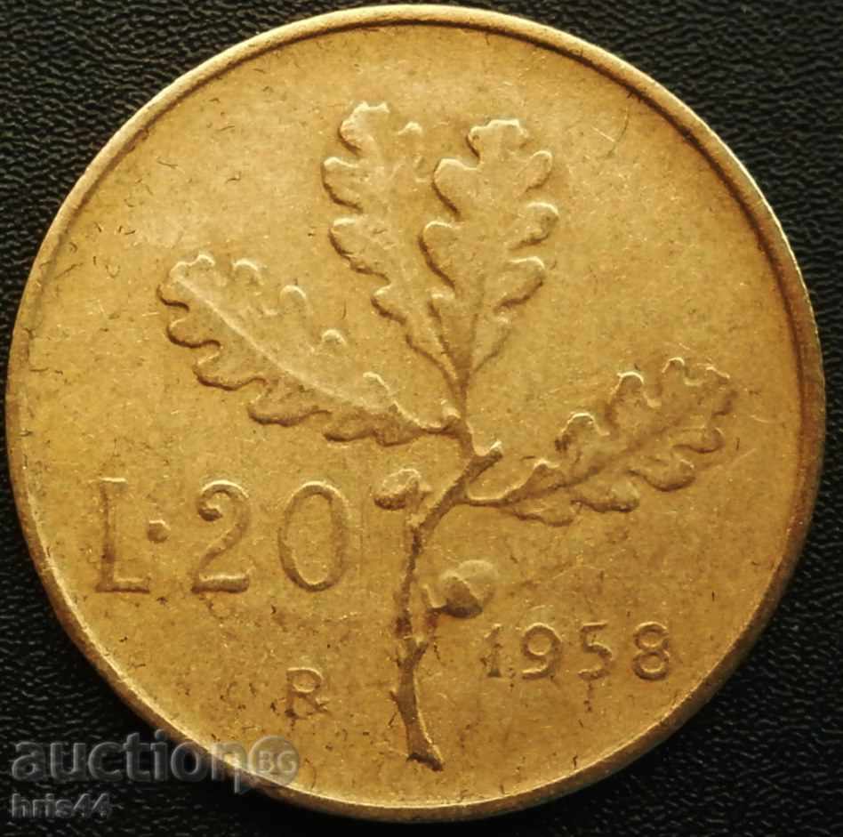 Италия 20 лири 1958