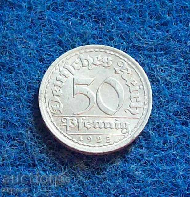 50 pfennigs 1922-J-σπάνια ΕΚΠΟΜΠΗΣ-ΜΕΝΤΑ