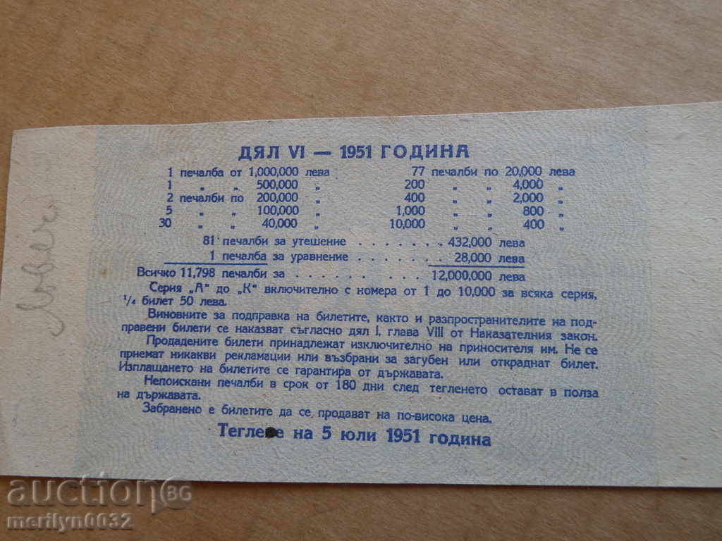 Παράδοση Παλιά εισιτήριο λοταρία NRB 1951 Παράδοση Παλιά εισιτήριο λοταρία NRB 1951