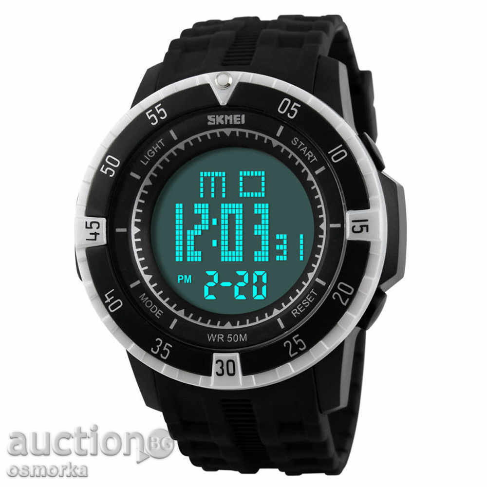 New sporty Skmei Shock watch black color on strap white with price 24.00 BGN | € 12.27