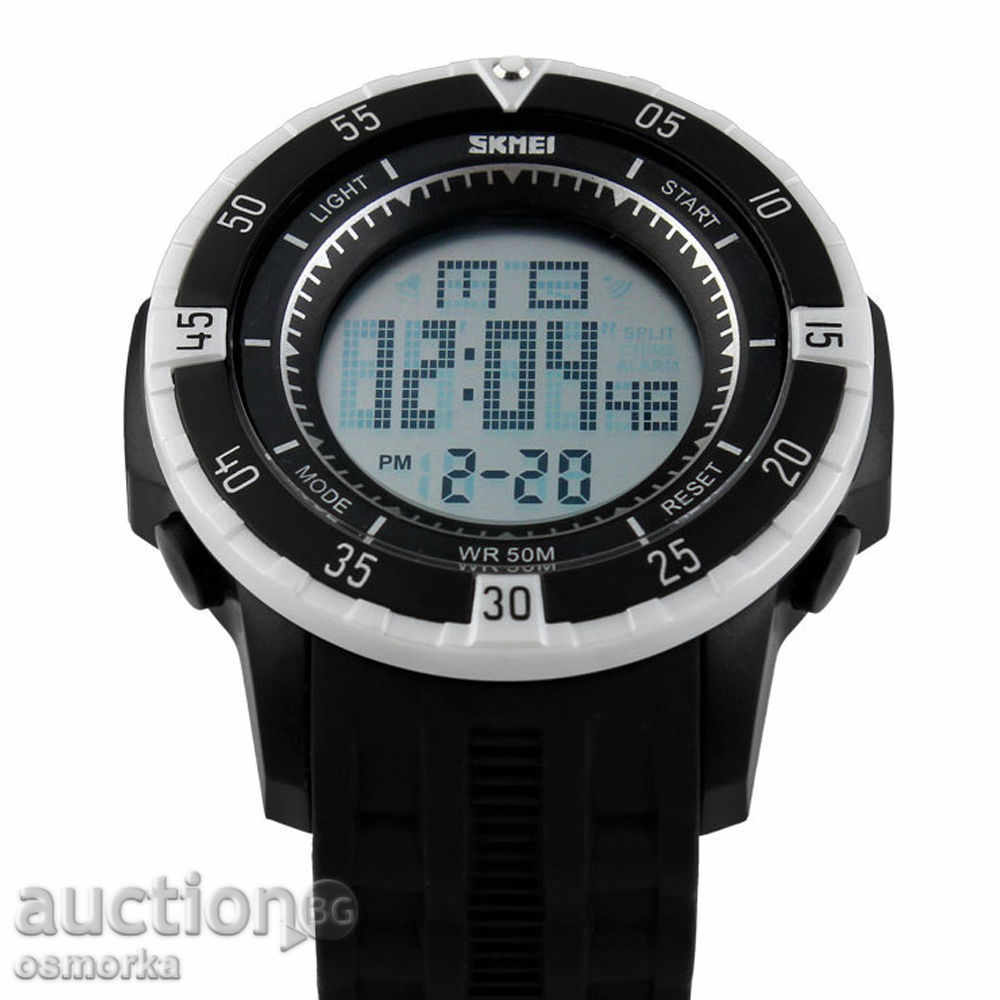 Delivery of New sporty Skmei Shock watch black color on strap white