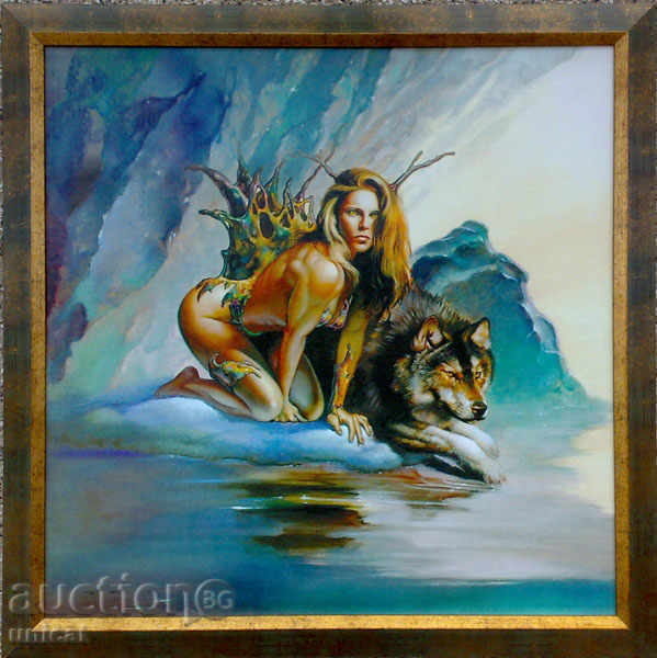 Nicole Kidman with wolf - fantasy, painting
