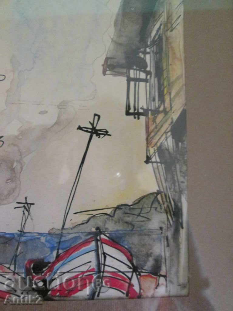 Old painting - watercolor, tuh-Sozopol, N. Spasov 24x33cm - 6 Old painting - watercolor, tuh-Sozopol, N. Spasov 24x33cm - 6