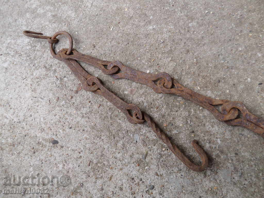 Auction Old forged chain with hook, hearth for hearth chain hook Auction Old forged chain with hook, hearth for hearth chain hook