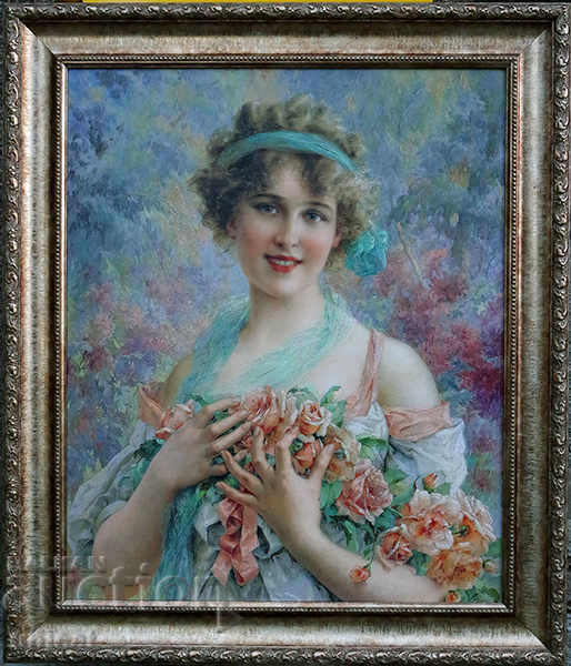 Portrait of a young woman with roses, painting, impressionism