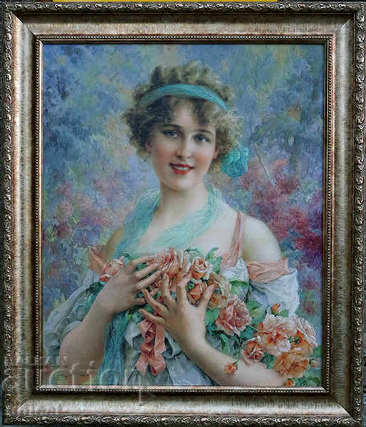 Portrait of a young woman with roses, painting, impressionism Portrait of a young woman with roses, painting, impressionism