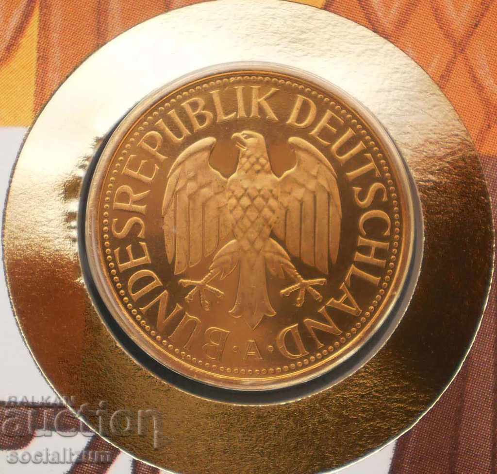 Licitație Germania - Turingia placat cu aur 1 Mark 1992 UNC