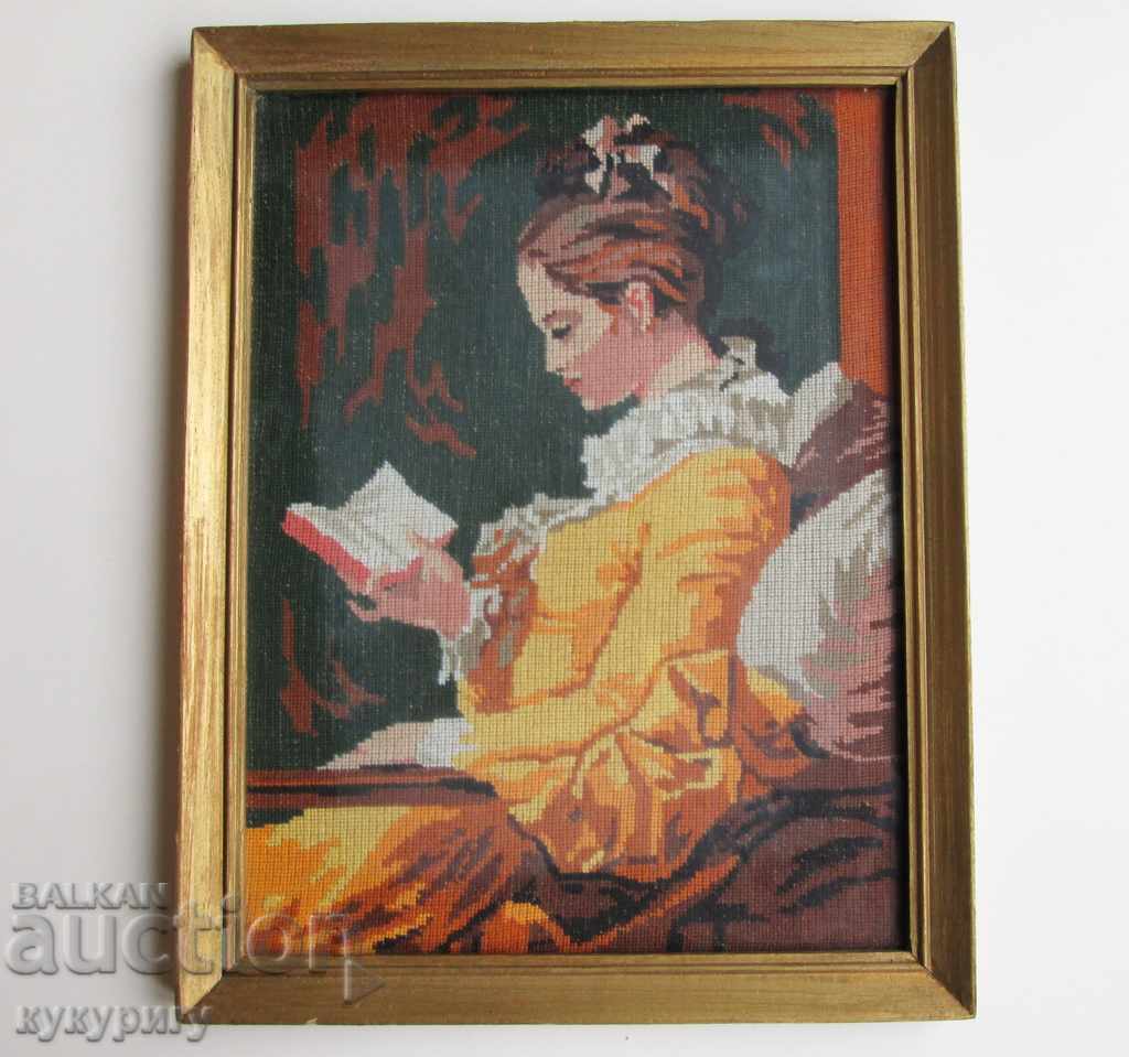 Hand sewn rectangular tapestry "Girl with book"