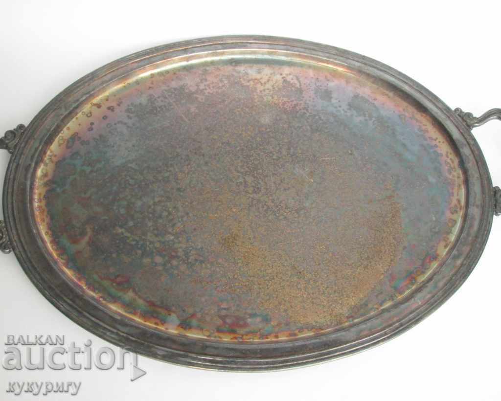 Licitație Tavă mare, elegantă, placată cu argint masiv antic, cu mânere Licitație Tavă mare, elegantă, placată cu argint masiv antic, cu mânere
