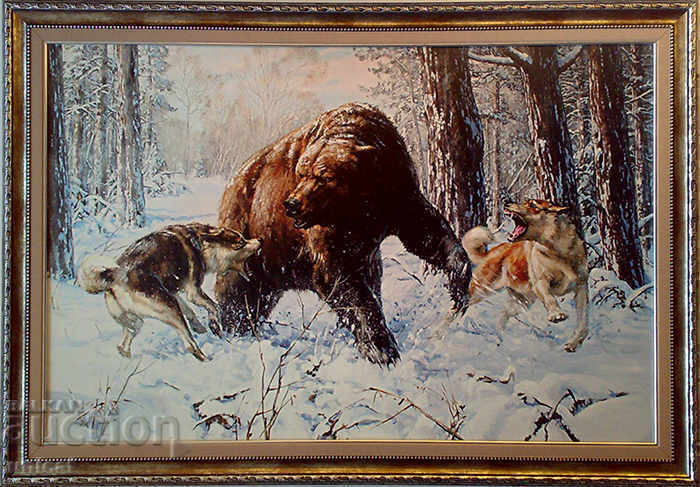 Мечка срещу кучета лайки, картина Мечка срещу кучета лайки, картина