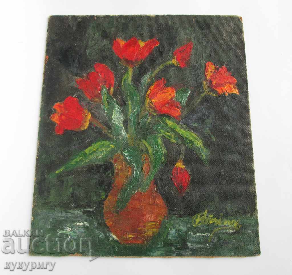 An old picture of still life with flowers oil on a phaser signed with price 180.00 BGN | € 92.03