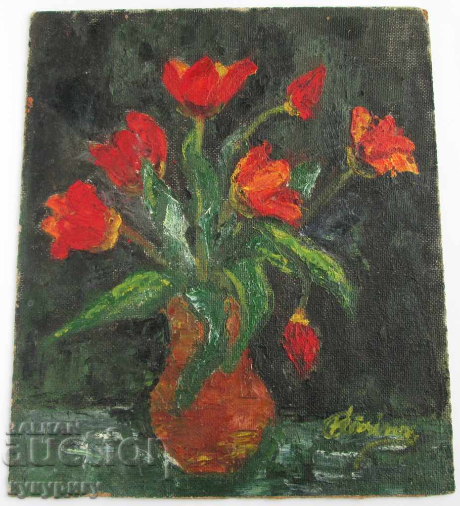 An old picture of still life with flowers oil on a phaser signed