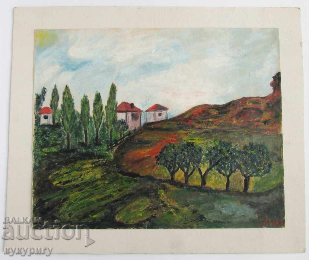 Old painting landscape painting oil on cardboard signed