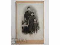 Ancient photography picture hard card Father with children