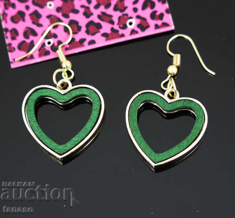 Earrings - hearts of green wood in metal casing
