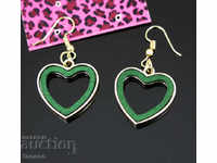 Earrings - hearts of green wood in metal casing