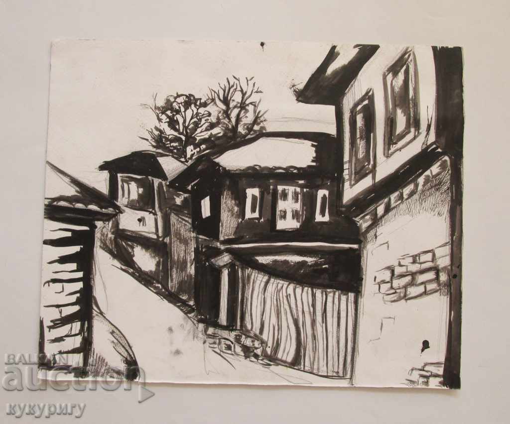 Watercolor drawing rural landscape old houses unsigned with price 20.00 BGN | € 10.23 Watercolor drawing rural landscape old houses unsigned with price 20.00 BGN | € 10.23
