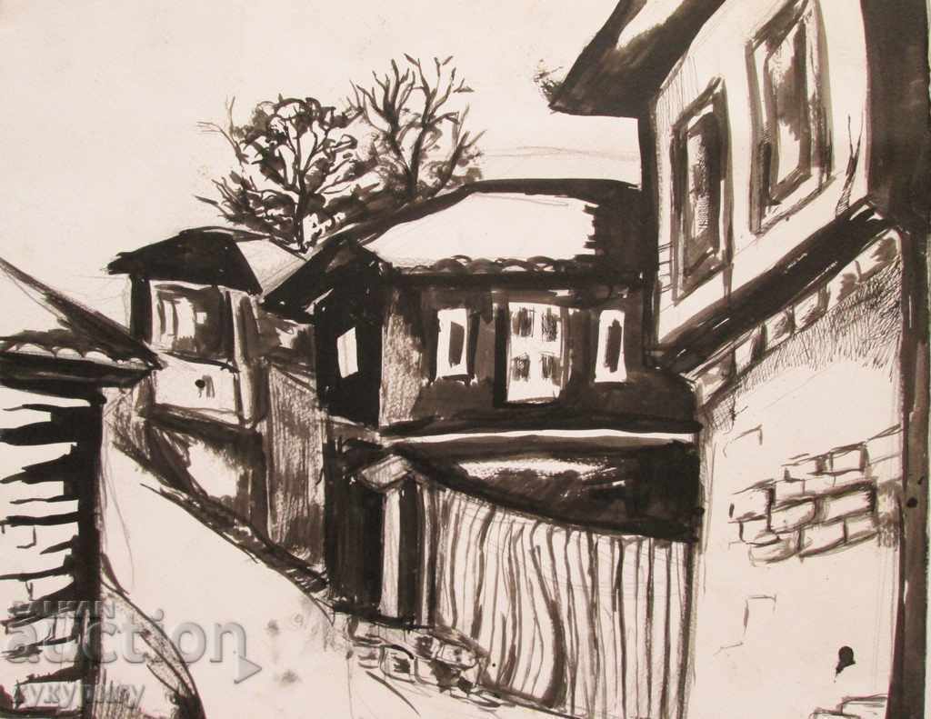 Акварел рисунка селски пейзаж старинни къщи неподписана