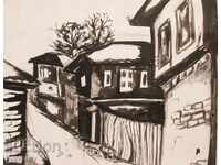 Watercolor drawing rural landscape old houses unsigned
