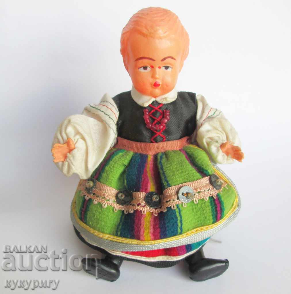 Старинна малка кукла целулоид тъкана носия Царство България
