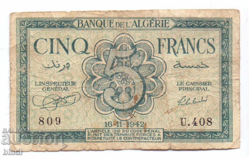 Algeria 5 Frank 1942 rare