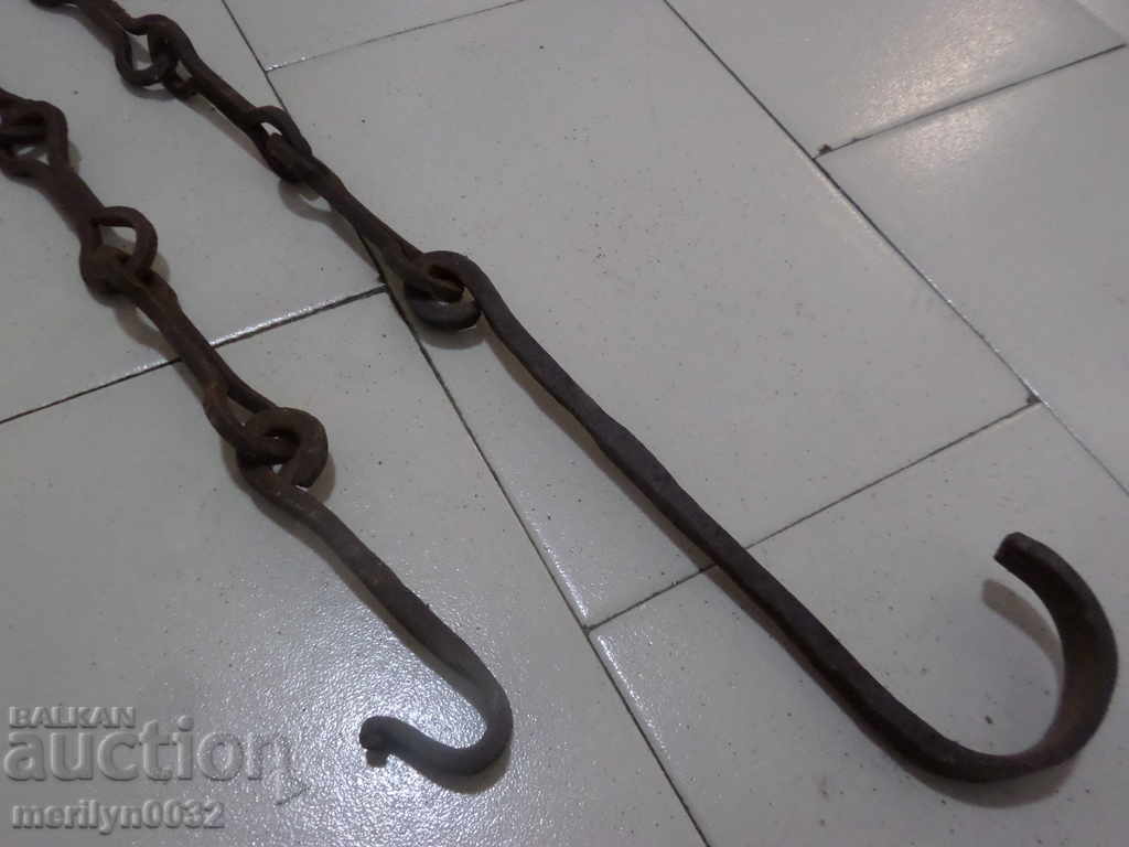 Auction Old forged chain with hook, hearth for hearth chain hook Auction Old forged chain with hook, hearth for hearth chain hook