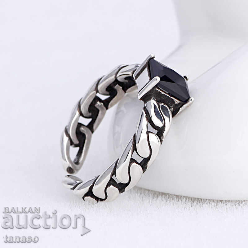 Silver ring with black zircon, free size