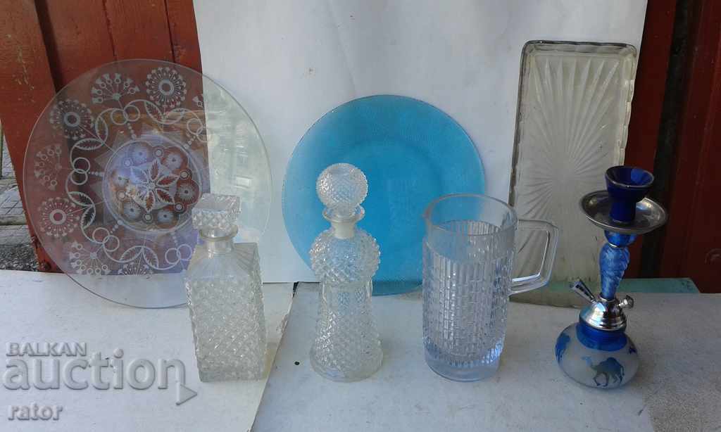 Old glass - jugs, bottles, plates, hookah, tray 7 pcs