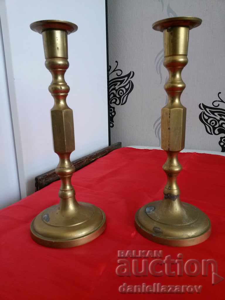 Set of Old Bronze Fireplace Candlesticks