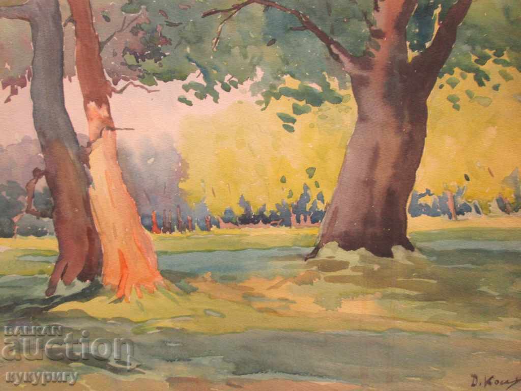 Ancient painting drawing watercolor landscape signed by D. Kosev