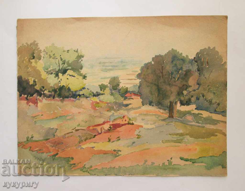 Стара картина рисунка пейзаж акварел Д.Косев неподписана