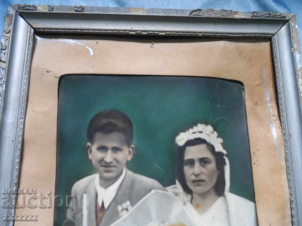 Large old colored cardboard photo in a frame with price 50.00 BGN | € 25.56