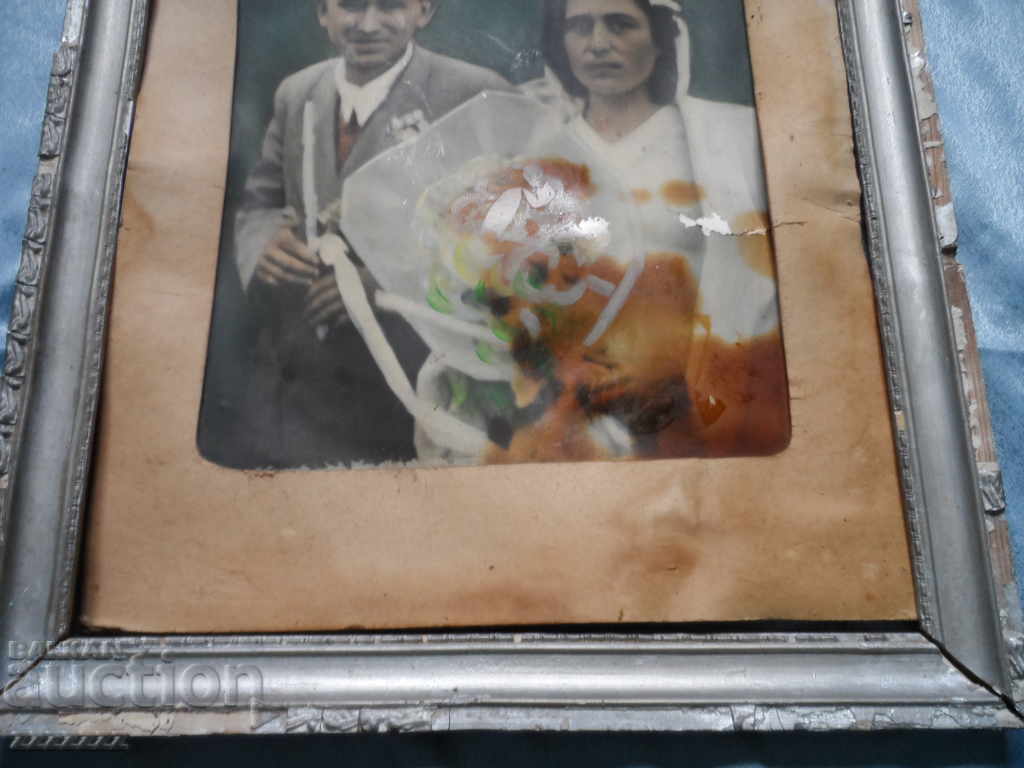 Auction  Large old colored cardboard photo in a frame