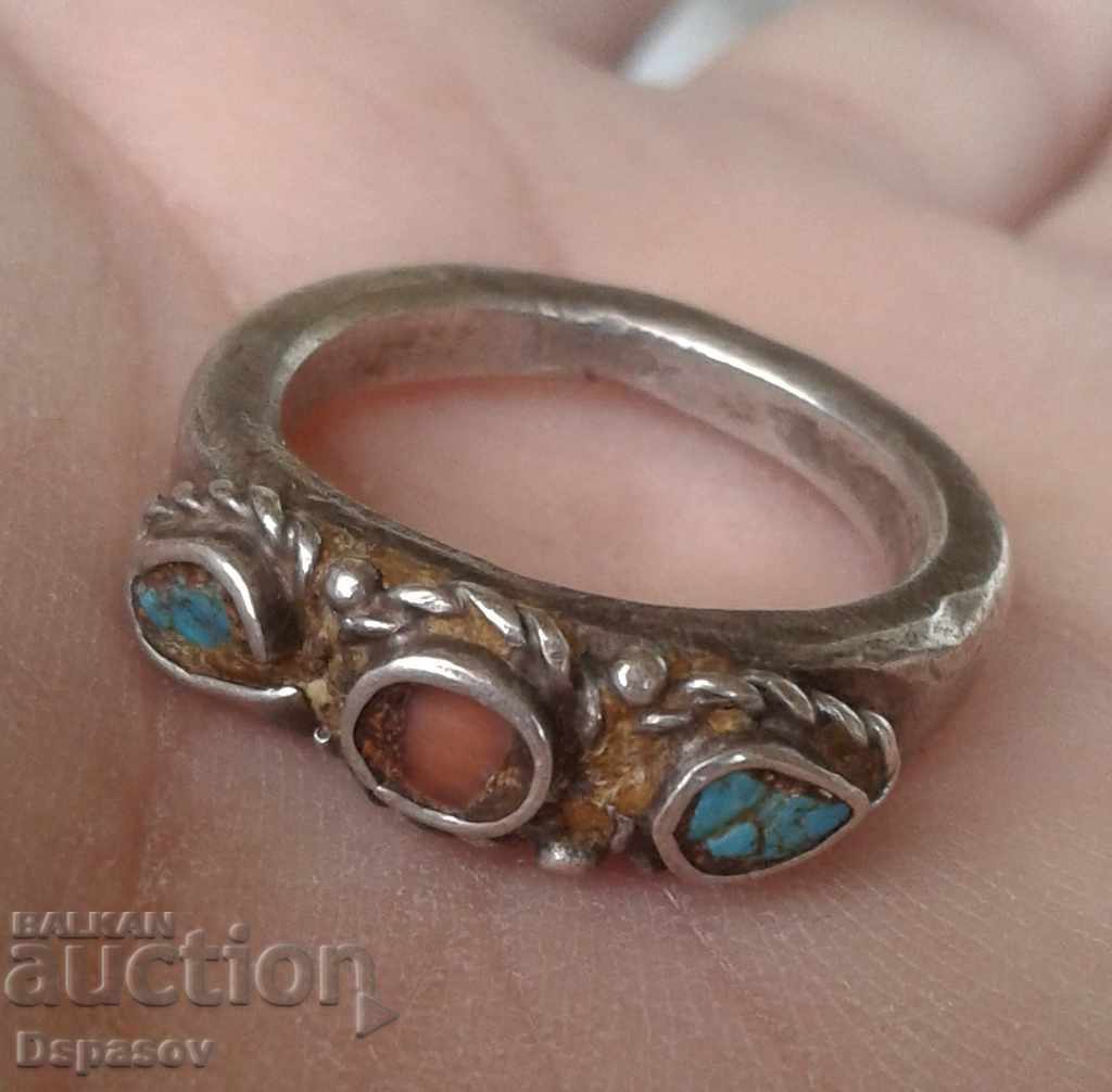 Star Silver Navajo Ring with Turquoise and Coral