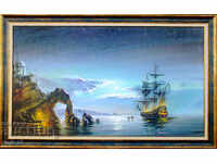’’Лунна нощ’’, морски пейзаж с кораб, картина