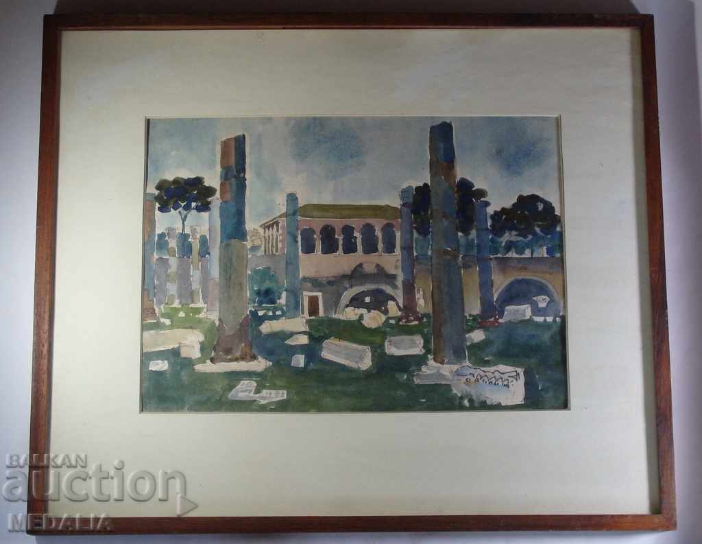 Ιβάν Stoilov-Bunkera-Τοπίο από τη Ρώμη-Watercolor-υπογράφηκε το 1969