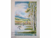 "Peisaj cu rațe", reproducere pe hârtie embosată, Franța